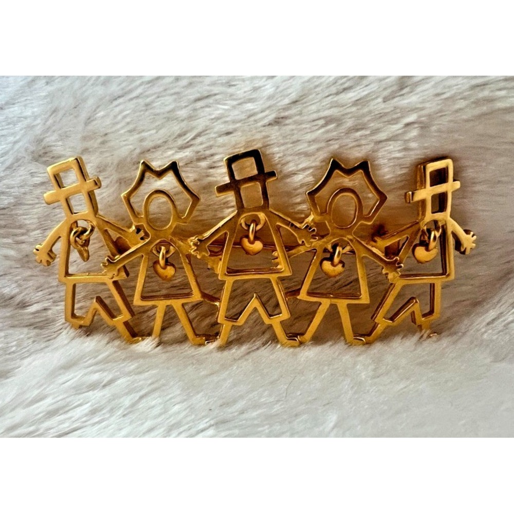Pilgrim Brooch Gold Figural Thanksgiving Pin Dangle Heart‎ Charms 3" Vintage